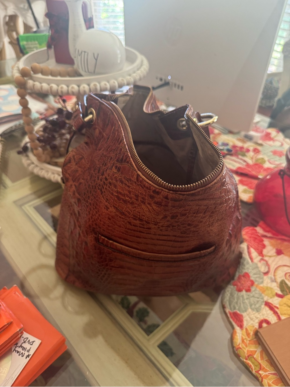 Women's Brown Croc-Embossed Leather Bucket Bag